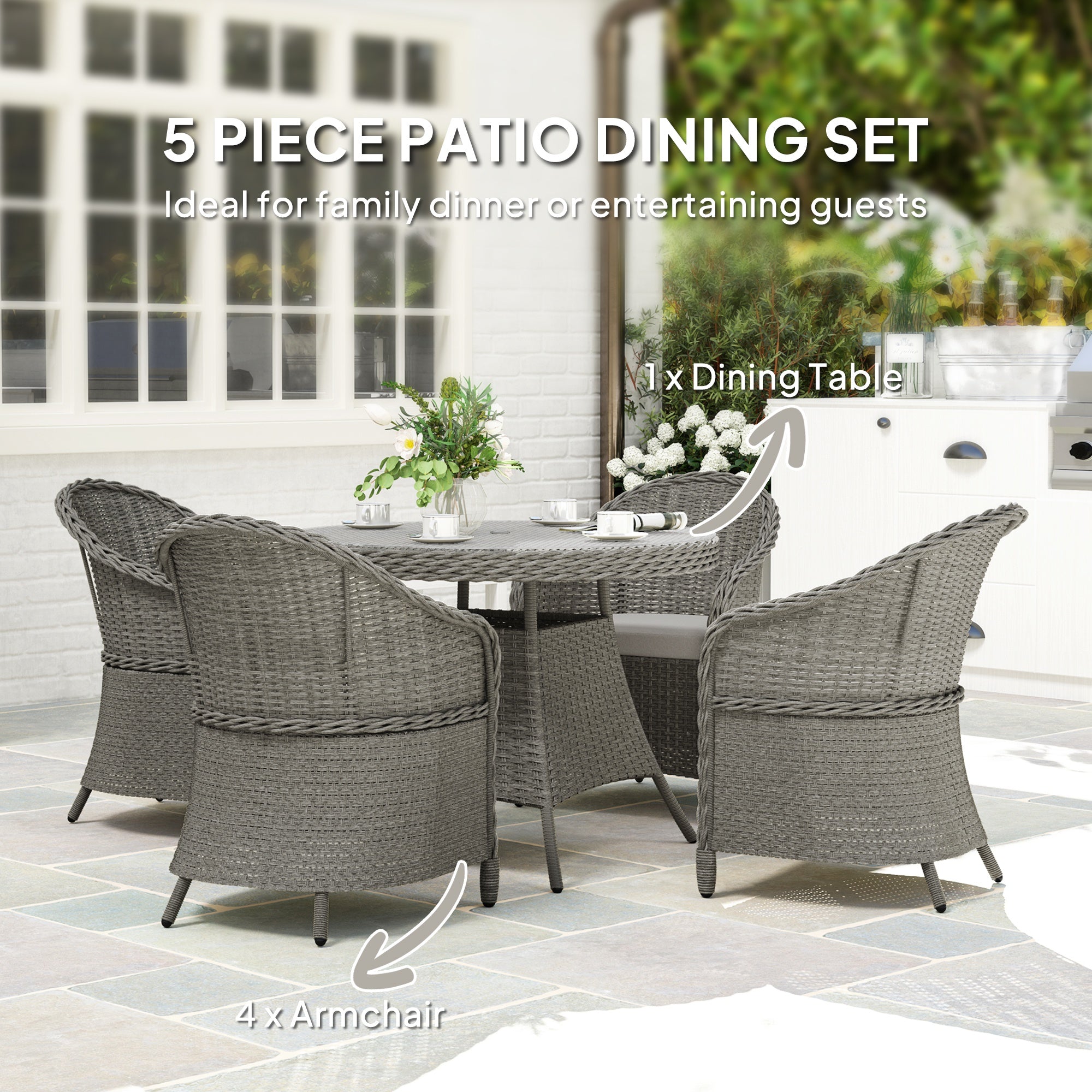 Outsunny 4 Seater Rattan Garden Furniture Set with Cushions, Round PE Rattan Dining Set with Glass-Top Table, Umbrella Hole, Outdoor Garden Table and Chairs, Grey 