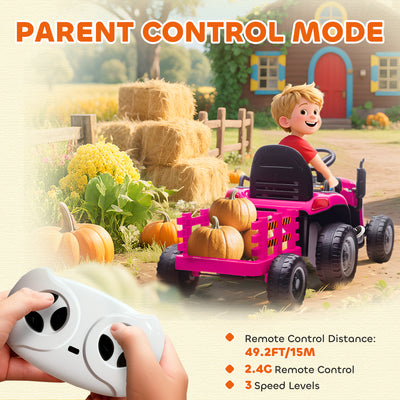 AIYAPLAY 12V Ride on Tractor and Trailer with Remote Control, Music, Shifter, Start-Up Sound, for Kids Ages 3-8 Years, Pink 