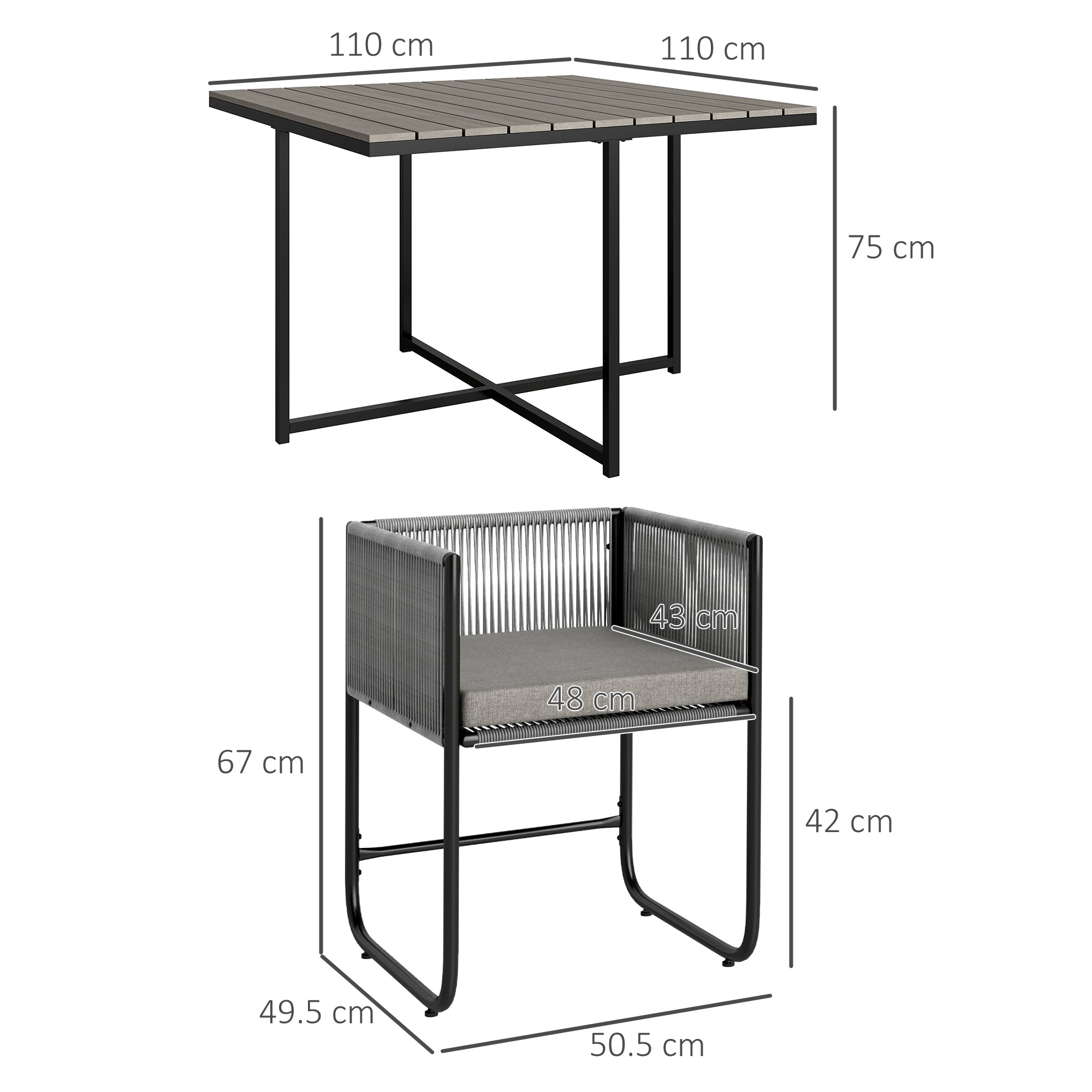 Outsunny 4 Seater Rattan Cube Garden Furniture Set, Rattan Dining Set with Cushions, Outdoor Dining Table and Chairs with Rectangular Wood Grain Plastic Top Table for Patio, Balcony, Grey 