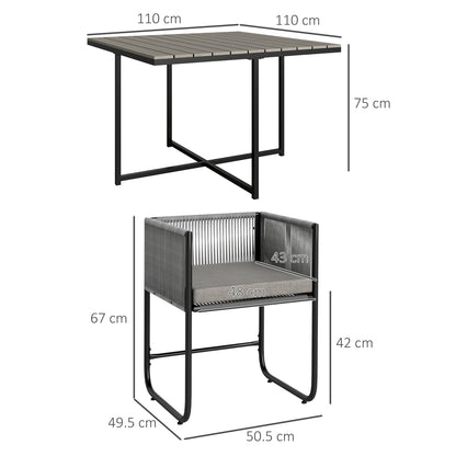 Outsunny 4 Seater Rattan Cube Garden Furniture Set, Rattan Dining Set with Cushions, Outdoor Dining Table and Chairs with Rectangular Wood Grain Plastic Top Table for Patio, Balcony, Grey 