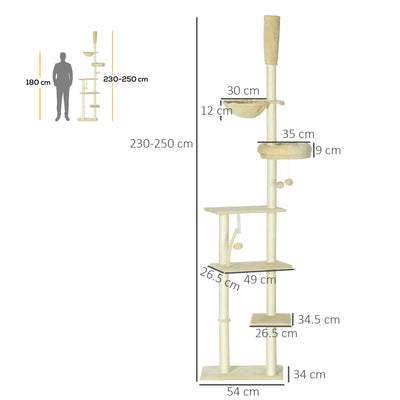 PawHut Floor to Ceiling Cat Tree for Indoor Cats, 6-Tier Play Tower Climbing Activity Center with Scratching Post, Platforms, Bed, Hammock, Adjustable Height 230-250cm, Beige 