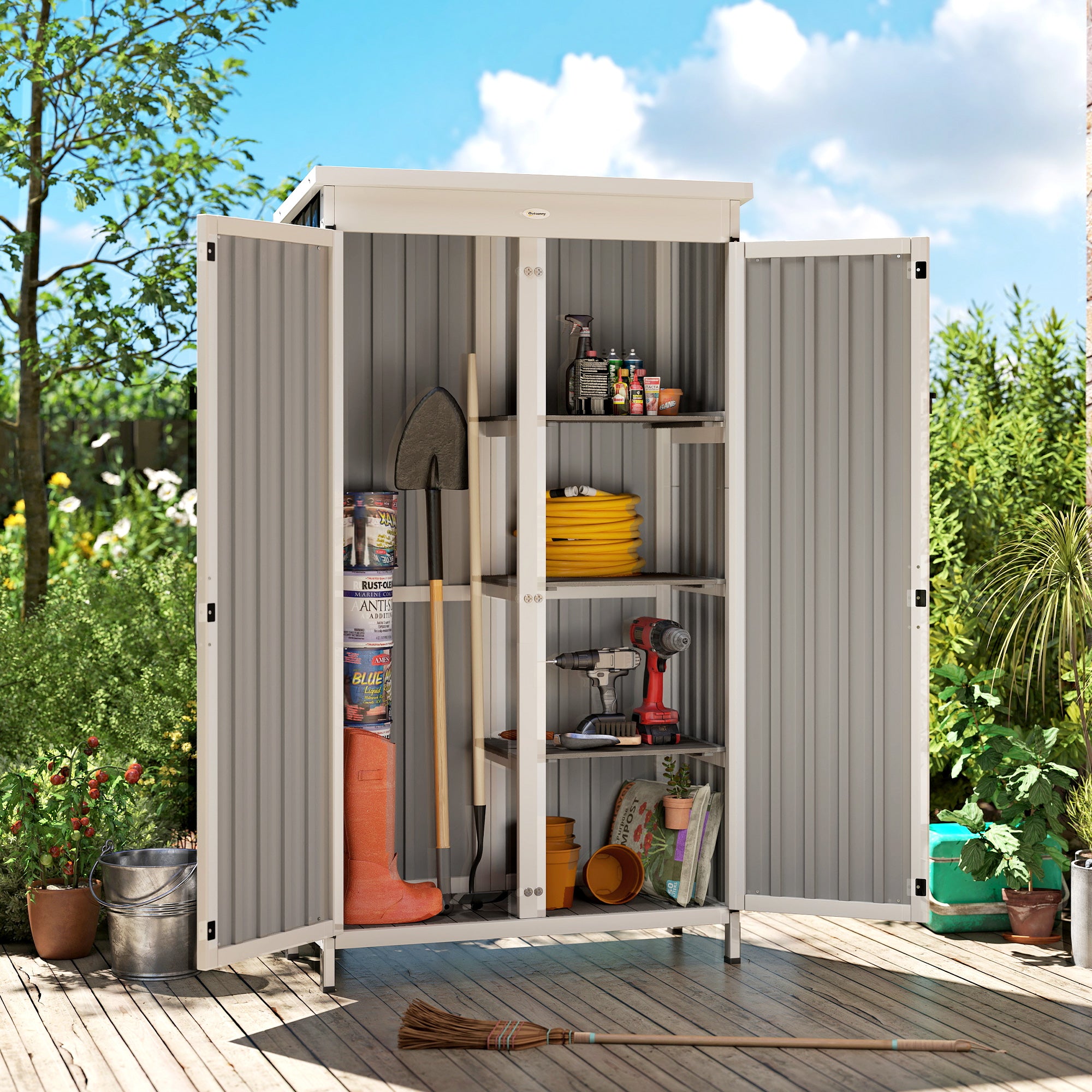 Outsunny Outdoor Storage Cabinet with Removable Shelves, Garden Tool Shed with Asphalt Roof, White and Black 