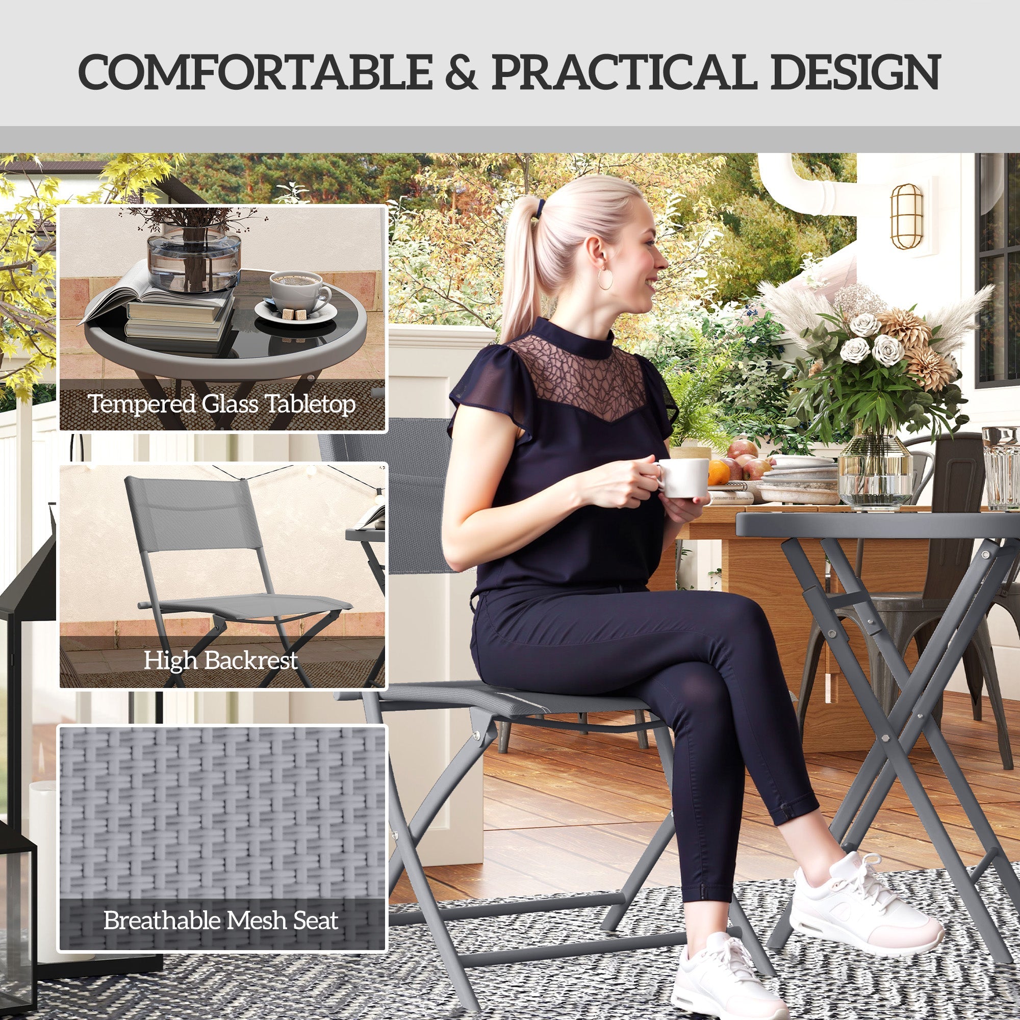 Outsunny 3 Pieces Outdoor Bistro Set, Glass Top Outdoor Table and 2 Folding Chairs with Protecting Feet, Grey 