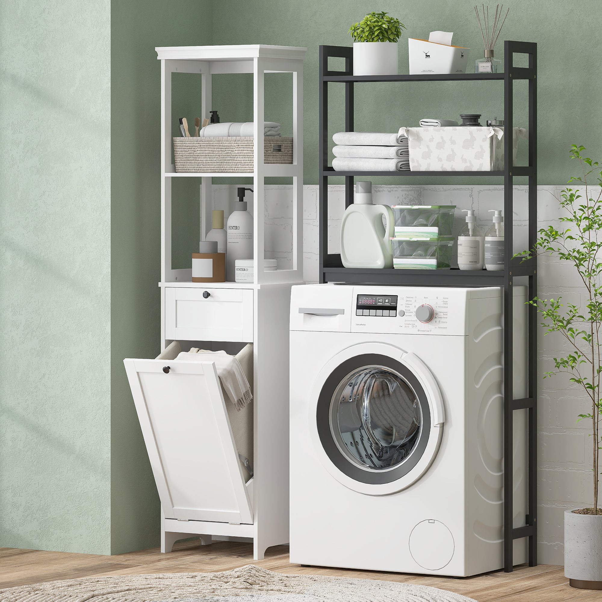 HOMCOM Tall Bathroom Cabinet, with Laundry Basket - White