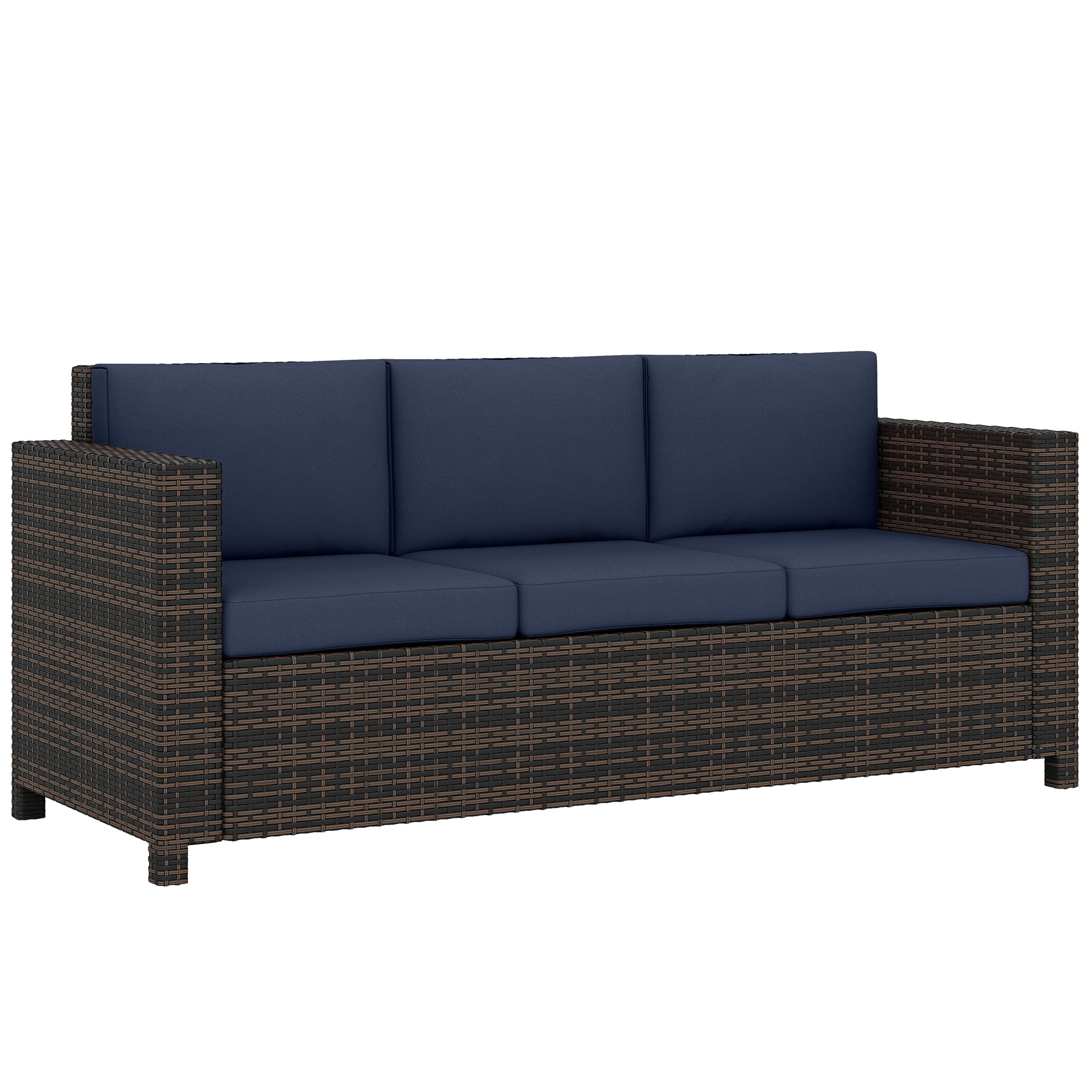 Outsunny 3 Seater Rattan Sofa All-Weather Wicker Weave Metal Frame Chair with Fire Resistant Cushio-Dark Blue 