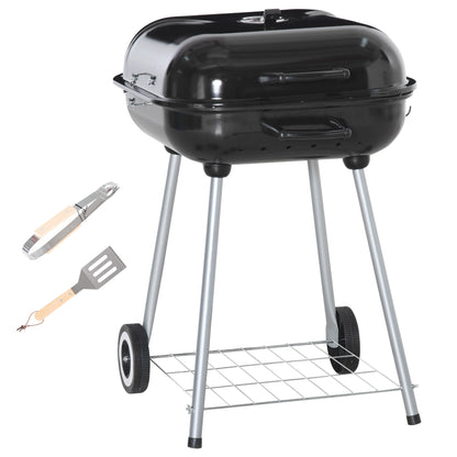 Outsunny Portable BBQ Charcoal Grill with 2 Wheels and Cooking Utensils, Smoker Grill with Lid for Outdoor Barbecues, Camping, Picnic, Courtyard 