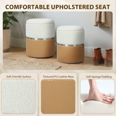 HOMCOM Nesting Round Ottoman with Storage Set of 2 - Cream/Brown 