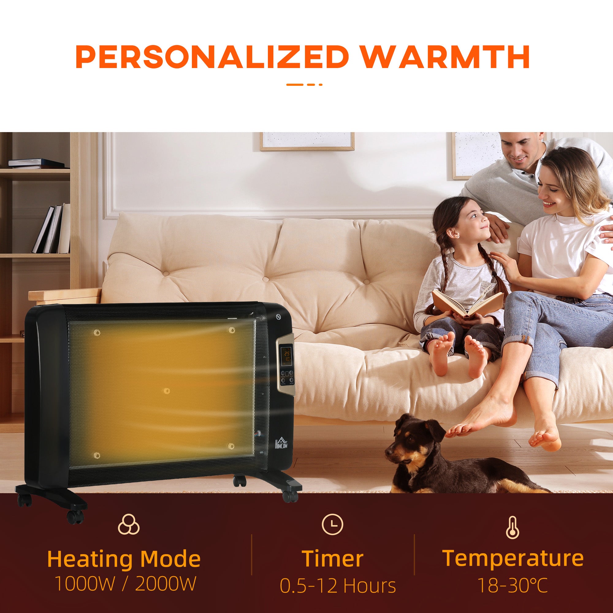 HOMCOM Mica Electric Space Heater, Portable Heater for Home with 2 Heat Settings, Living Room, Study, Garage, Adjustable Temperature 18-30\'c2\'b0C, 1000W/2000W, Black
