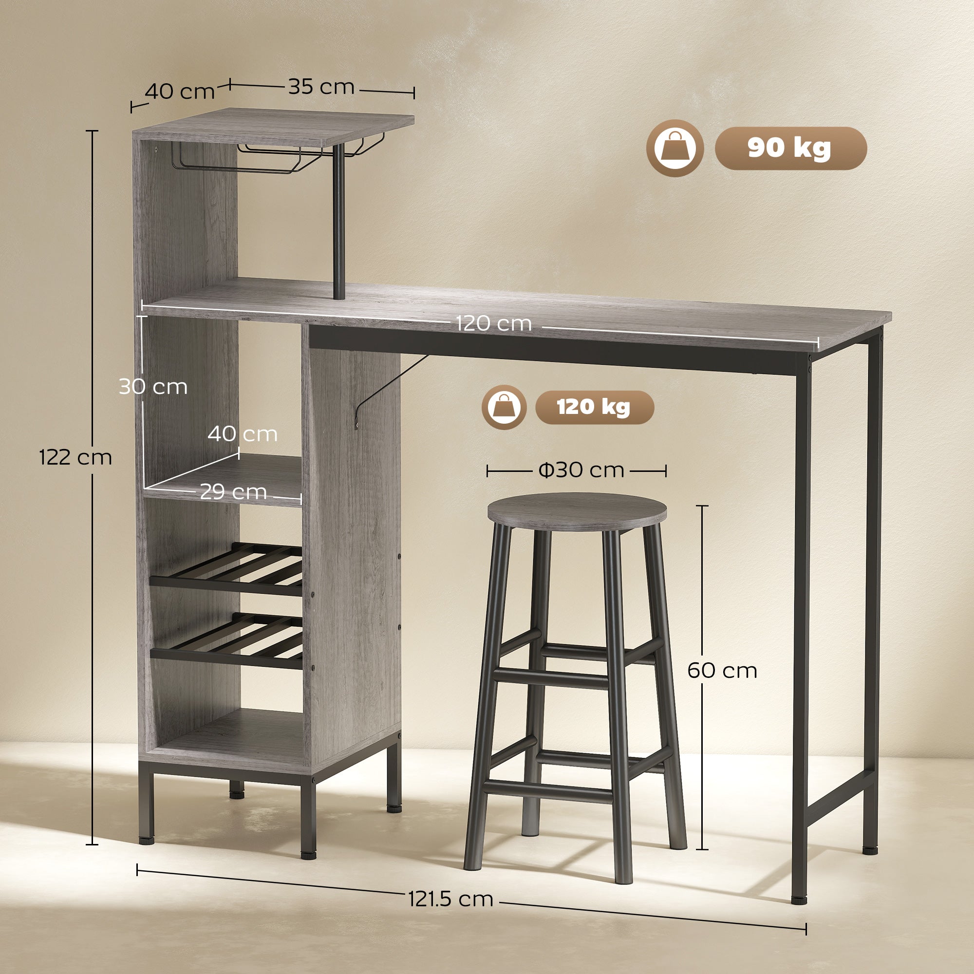 HOMCOM 3 Pieces Dining Room Set, 2 Round Stools with Footrest, 6-Tier Dining Table with Storage Shelves, Natural 