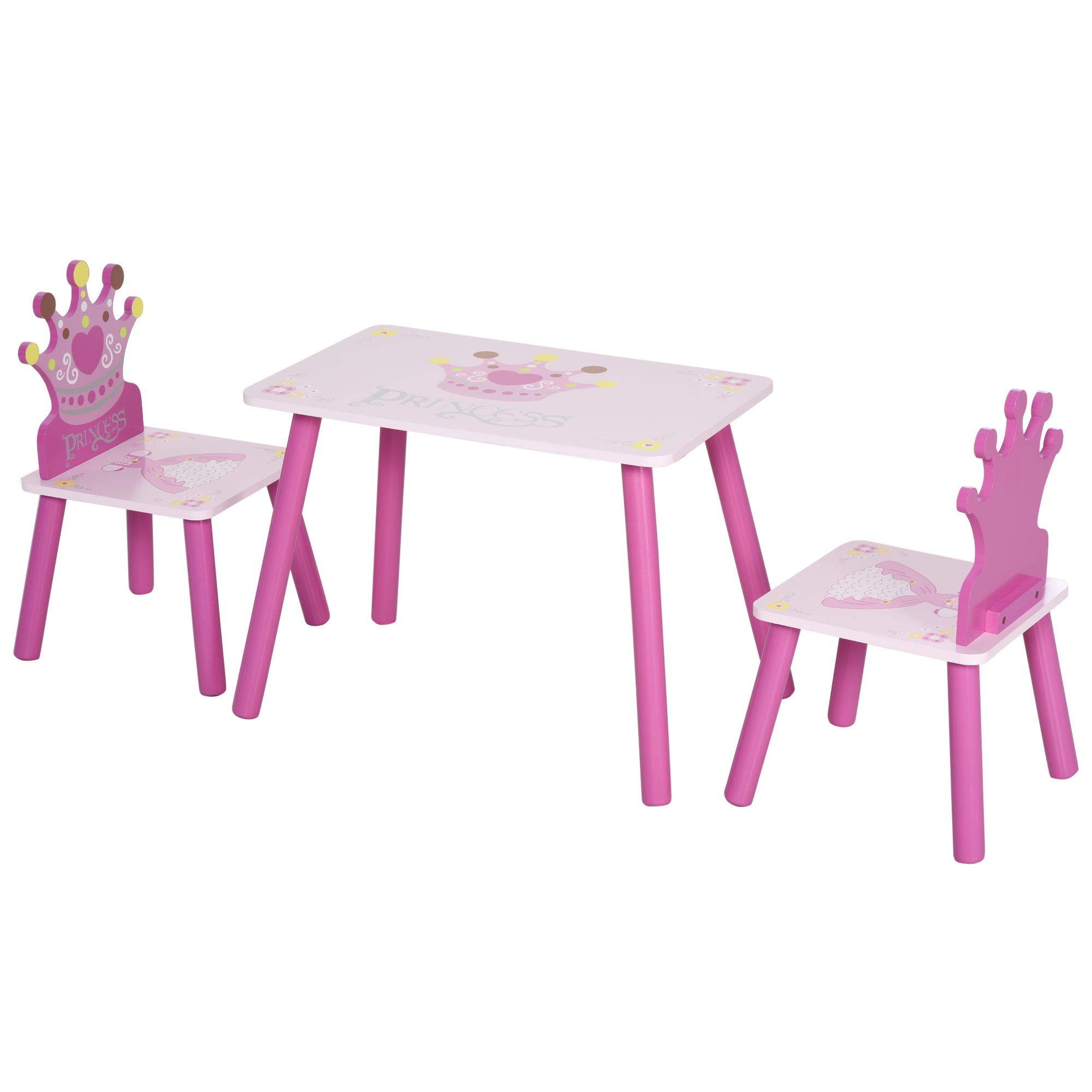 HOMCOM 3 Pcs Kids and Table Chair Set Princess & Crown Theme Home Furniture Pretty Gift 2-4 Years Pink 