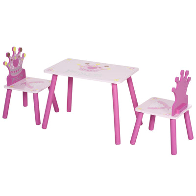 HOMCOM 3 Pcs Kids and Table Chair Set Princess & Crown Theme Home Furniture Pretty Gift 2-4 Years Pink 