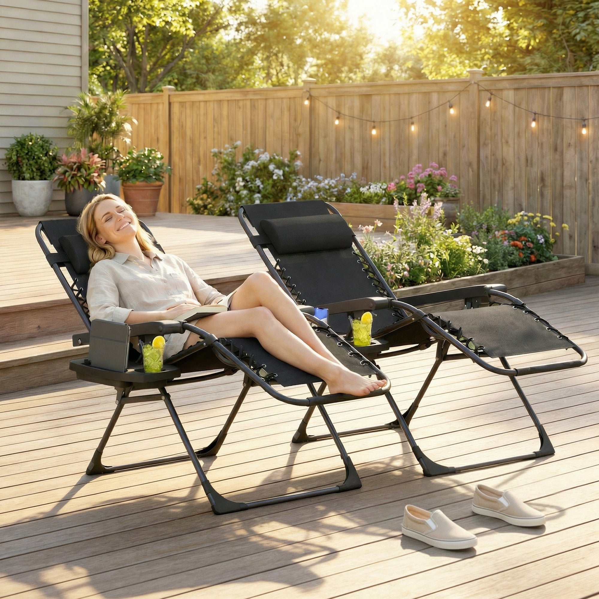 Outsunny Zero Gravity Chairs Set of 2, Folding Sunloungers Reclining Garden Chairs with Cup Holder, Headrest, Black 
