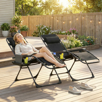 Outsunny Zero Gravity Chairs Set of 2, Folding Sunloungers Reclining Garden Chairs with Cup Holder, Headrest, Black 
