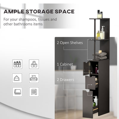 HOMCOM Tall Bathroom Cabinet, Freestanding Bathroom Storage Cabinet with 2-Tier Shelf and Drawers, Narrow Cupboard Storage Unit, Brown 