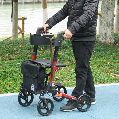 HOMCOM 4 Wheel Rollator with Seat and Back, Folding Mobility Walker with Carry Bag, Adjustable Height, Dual Brakes, Cane Holder, Lightweight Aluminium Walking Frame for Seniors and Disabled, Red 