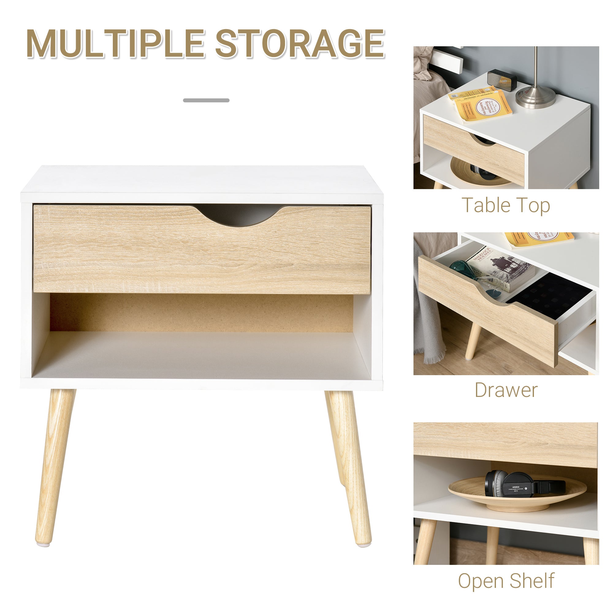 HOMCOM Bedside Table with Drawer and Shelf, Modern Nightstand, End Table for Bedroom, Living Room, White 