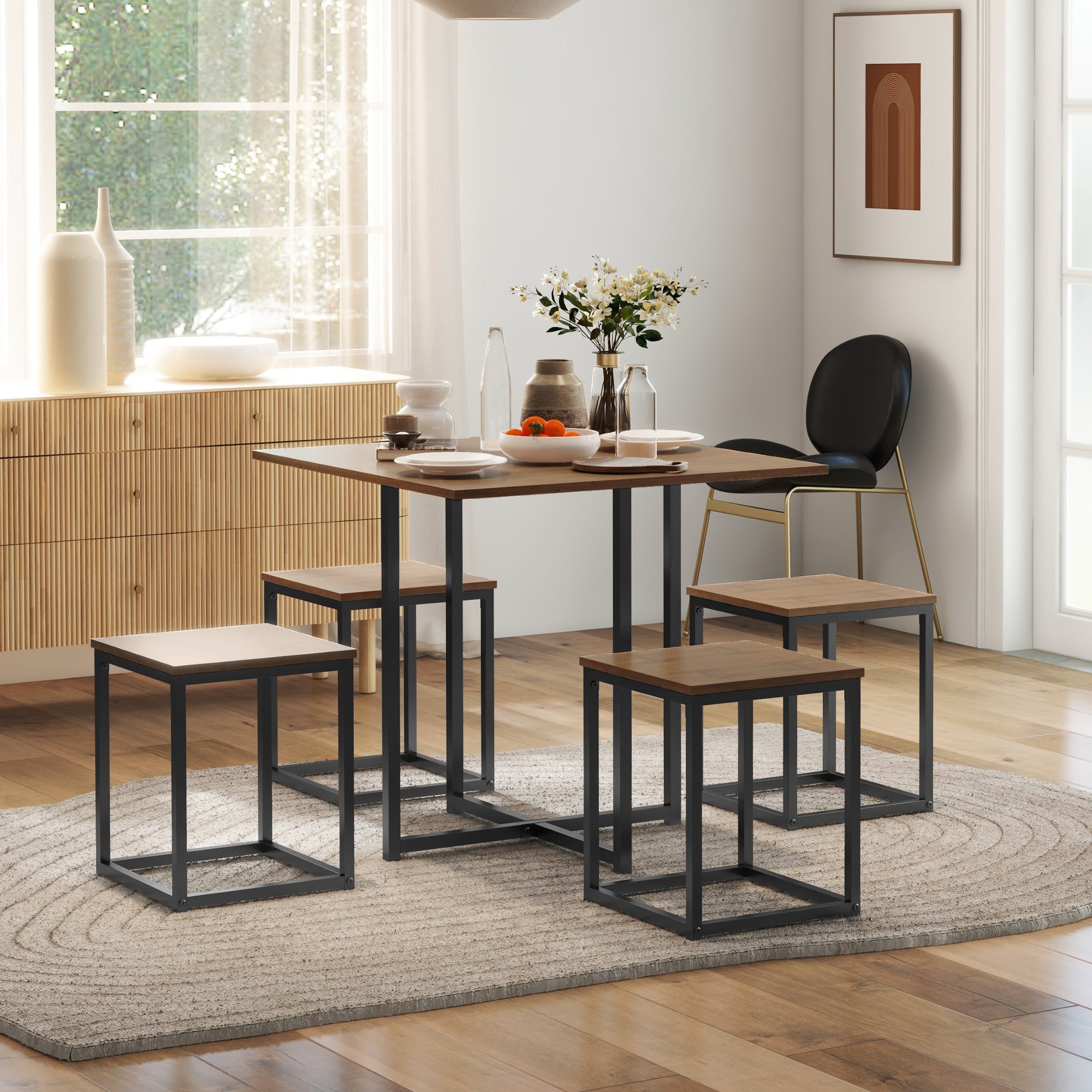 HOMCOM 5 Piece Dining Table and Chairs Set 4, Industrial Space Saving Table and Chairs with Metal Frame, Square Kitchen Table and Stools for Dining Room, Brown 