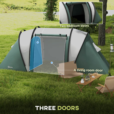 Outsunny Camping Tent with 2 Bedrooms and Living Area, 3000mm Waterproof Family Tent, for Fishing Hiking Festival, Dark Green 