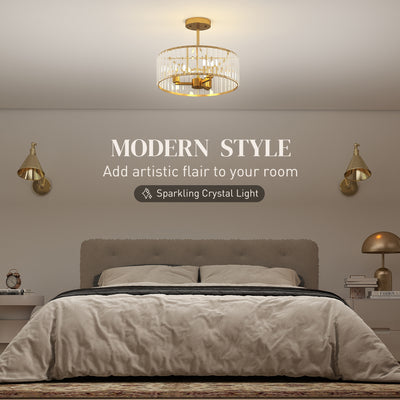 HOMCOM Crystal Ceiling Light Fixture, Semi Flush Mount Modern Crystal Chandelier Ceiling Light for Living Room, Bedroom, Hallway,  Dining Room, E14 Base 3-Lights, Gold Tone 