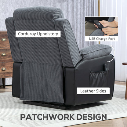 HOMCOM Power Lift Recliner Chair for Elderly, Patchwork Design Oversized Electric Riser and Recliner Armchair for Living Room with Remote Control, USB Port and 2 Side Pockets, Dark Grey 