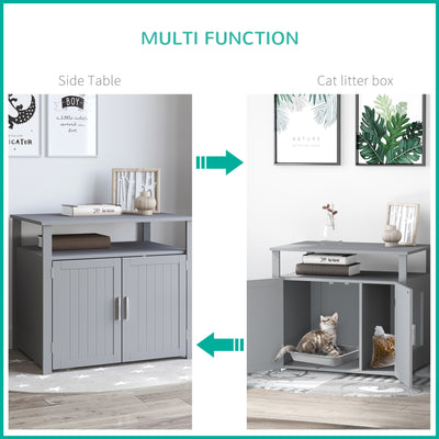PawHut Wooden Cat Litter Box Enclosure Furniture with Adjustable Interior Wall & Large Tabletop for Nightstand, Grey 