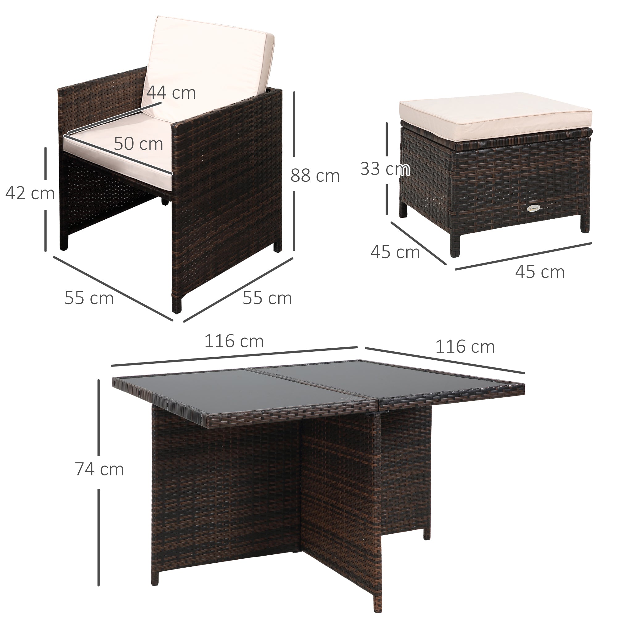 Outsunny 8 Seater Rattan Cube Garden Furniture Set, Rattan Dining Set with Cushions, Outdoor Dining Table and Chairs with 4 Armchairs, 4 Stools, Square Glass Top Table for Patio, Balcony, Brown 