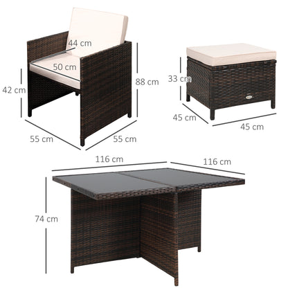 Outsunny 8 Seater Rattan Cube Garden Furniture Set, Rattan Dining Set with Cushions, Outdoor Dining Table and Chairs with 4 Armchairs, 4 Stools, Square Glass Top Table for Patio, Balcony, Brown 