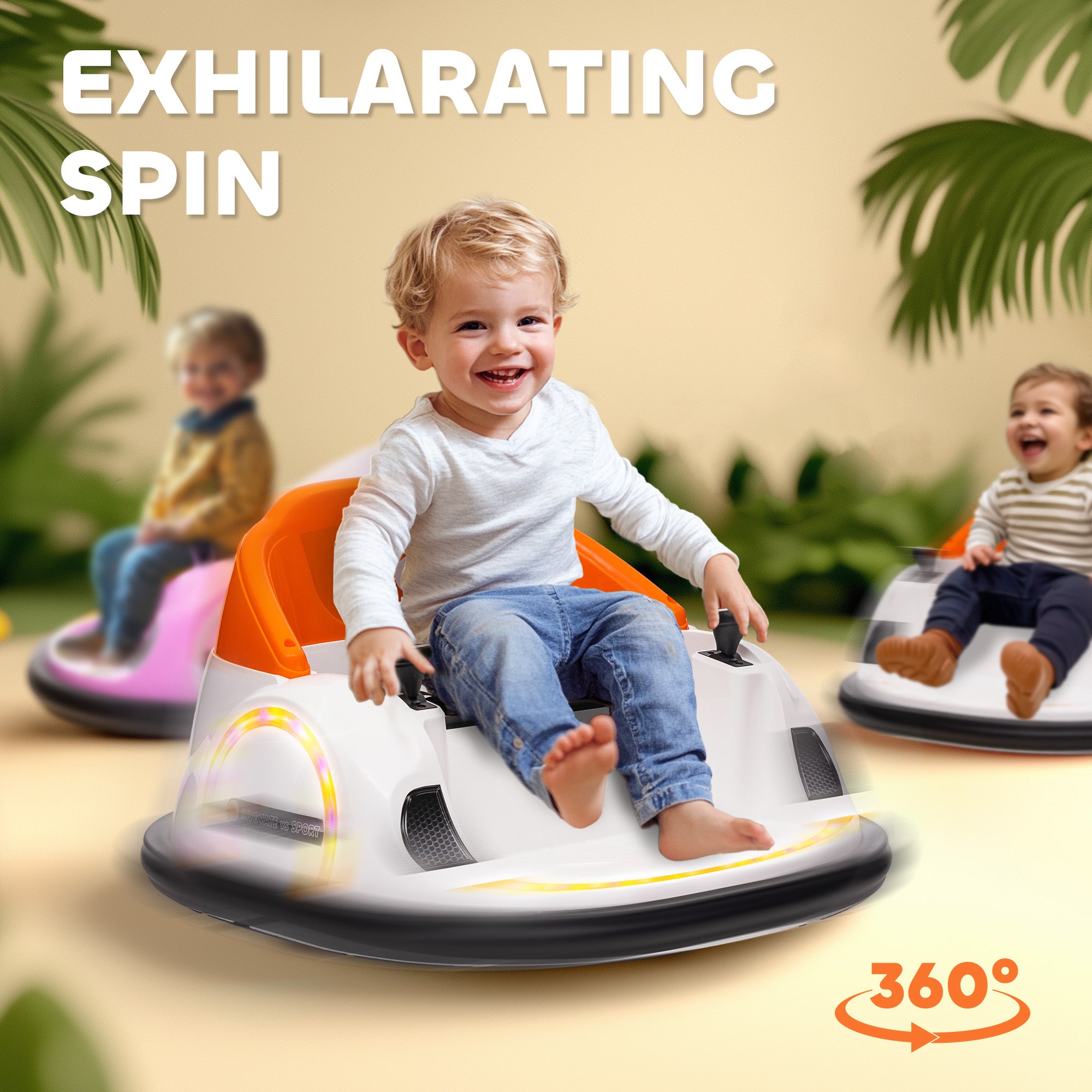 AIYAPLAY 360\'c2\'b0 Rotation Kids Bumper Car, 12V Waltzer Car with Remote Control, Dual Joysticks, Music Lights, Orange 