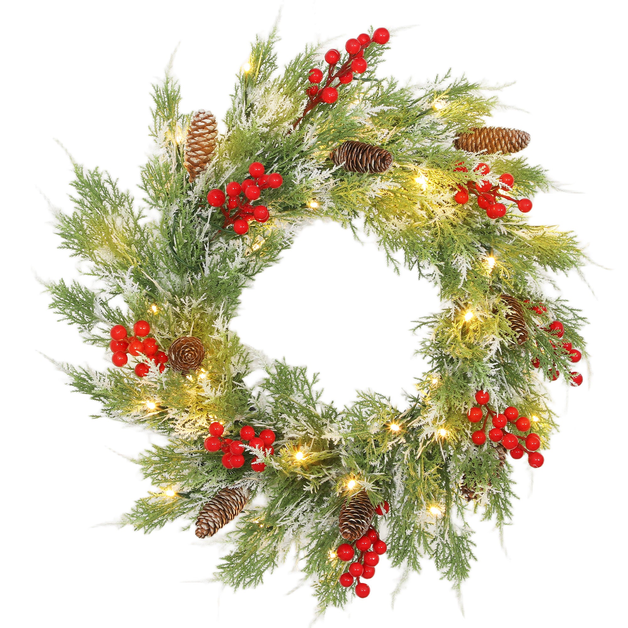 HOMCOM 60 cm Prelit Christmas Wreath, Door Wreath with Realistic Branches, 30 Warm White LEDs, Timer, Battery Operated