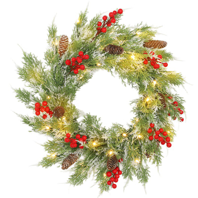 HOMCOM 60 cm Prelit Christmas Wreath, Door Wreath with Realistic Branches, 30 Warm White LEDs, Timer, Battery Operated 