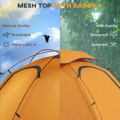 Outsunny Aluminium Frame Camping Tent Dome Tent with Removable Rainfly, 2000mm Waterproof, for 1-2 Man, Orange 