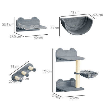 PawHut 4PCs Wall-Mounted Cat Shelves w/ Scratching Post, Hammock, Nest - Grey 