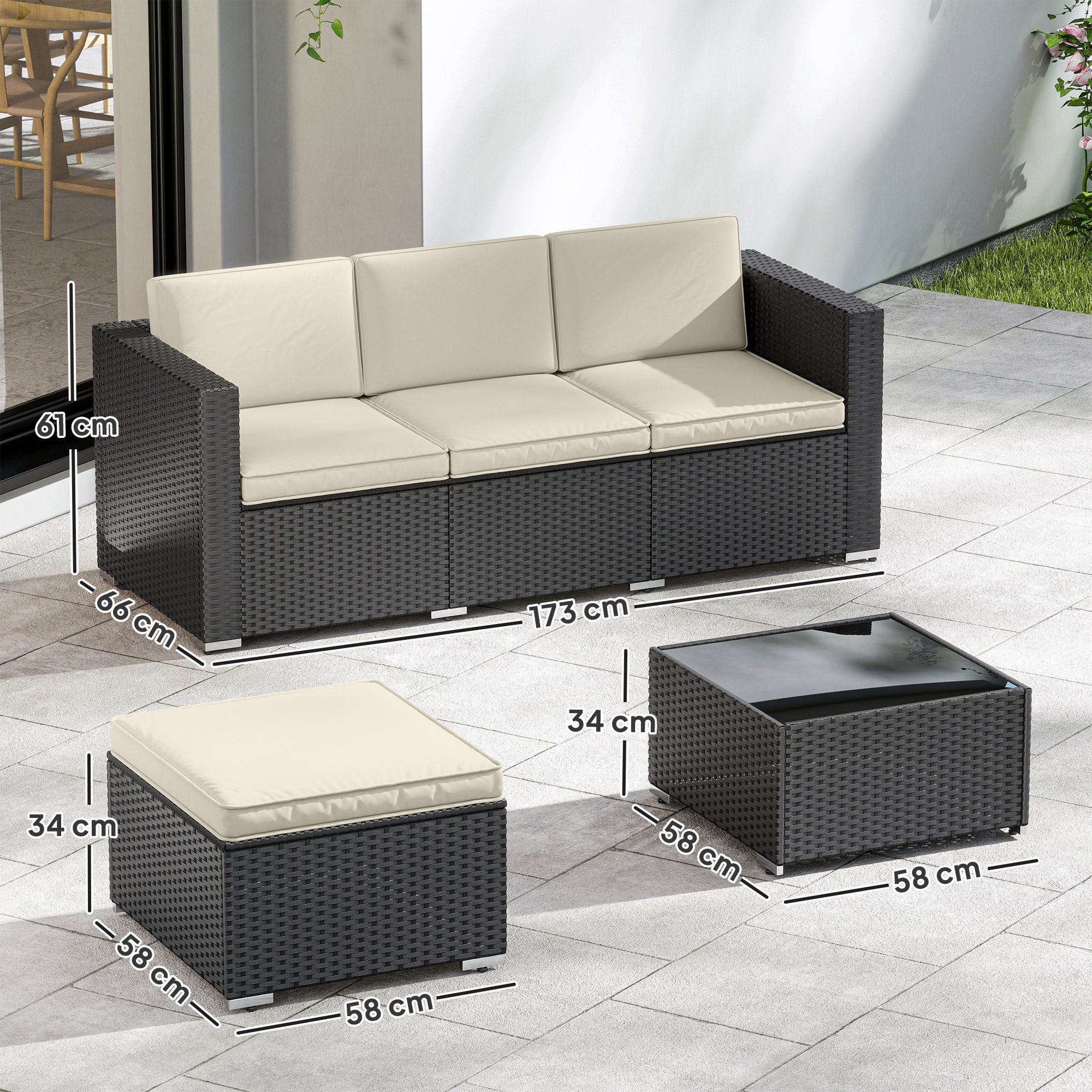 Outsunny 3 Pieces Garden Furniture Set w/ Cushions, PE Rattan Wicker Conversation Corner Sofa Set 