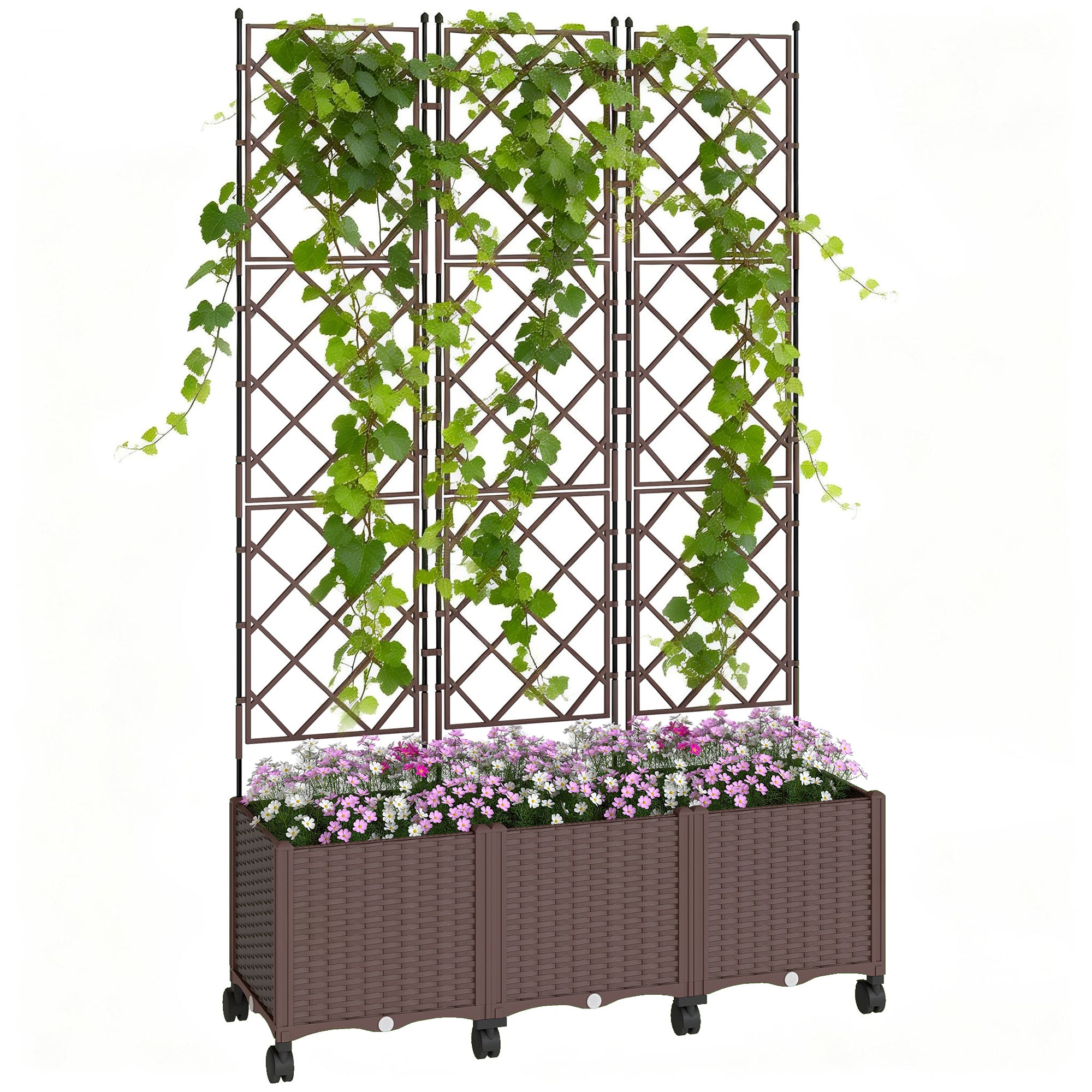 Outsunny Plastic Raised Planter with Trellis, Self Watering Raised Bed for Garden with Wheels, Drainage Holes and Plugs 
