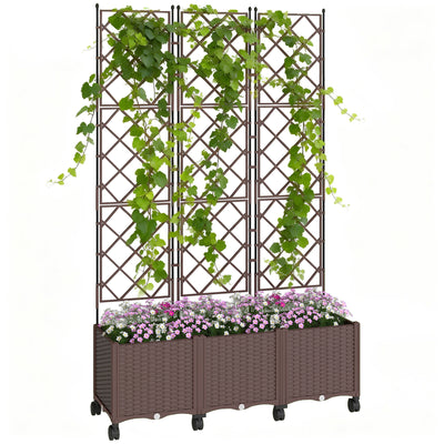 Outsunny Plastic Raised Planter with Trellis, Self Watering Raised Bed for Garden with Wheels, Drainage Holes and Plugs 