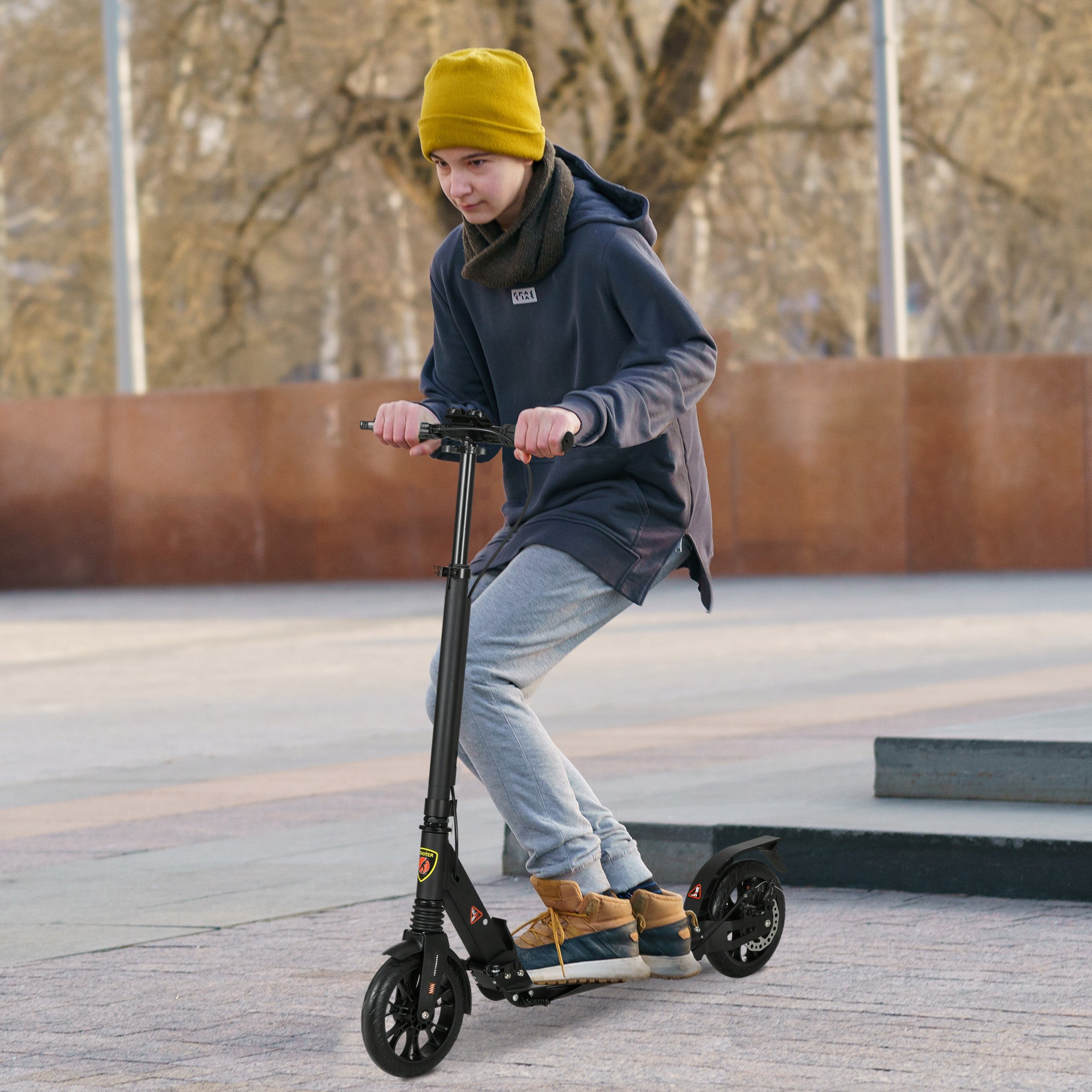 HOMCOM Adult Teens Kick Scooter Foldable Height Adjustable Aluminium Ride On Toy for 14+ w/ Rear Wheel & Hand Brake, 200mm Big Wheels, Shock Mitigation System - Black 