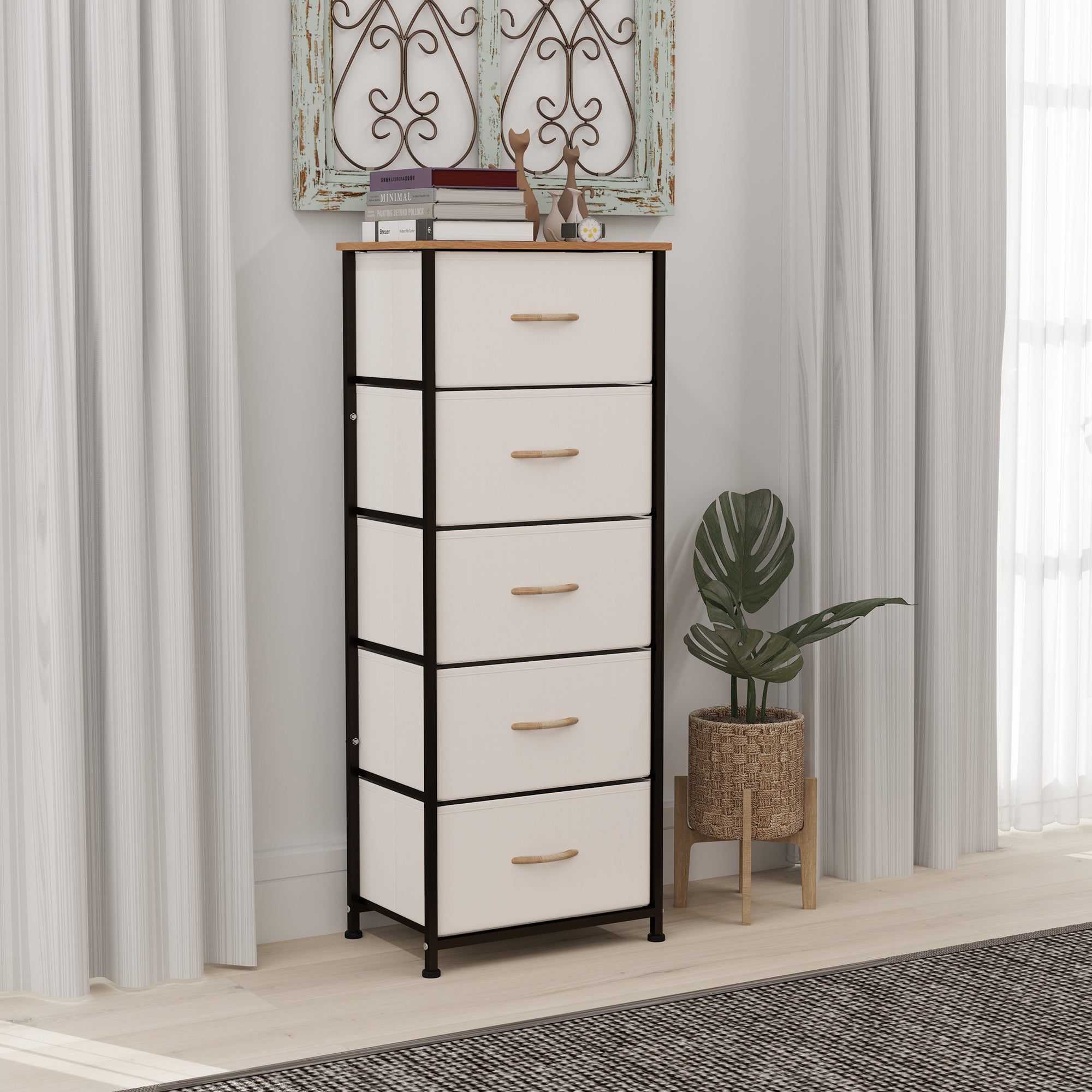 HOMCOM Fabric Chest of Drawers, Storage Drawers, Industrial Bedroom Dresser with 5 Fabric Drawers, Steel Frame and Wooden Top for Nursery, Living Room, Hallway, Cream White 