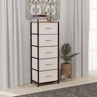 HOMCOM Fabric Chest of Drawers, Storage Drawers, Industrial Bedroom Dresser with 5 Fabric Drawers, Steel Frame and Wooden Top for Nursery, Living Room, Hallway, Cream White 