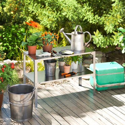 Outsunny 2 Tier Potting Bench Table, Galvanised Steel Garden Planting Work Bench Workstation with Storage Shelf for Outdoor, Patio, Greenhouse, 110 x 50 x 75 cm, Silver Tone 