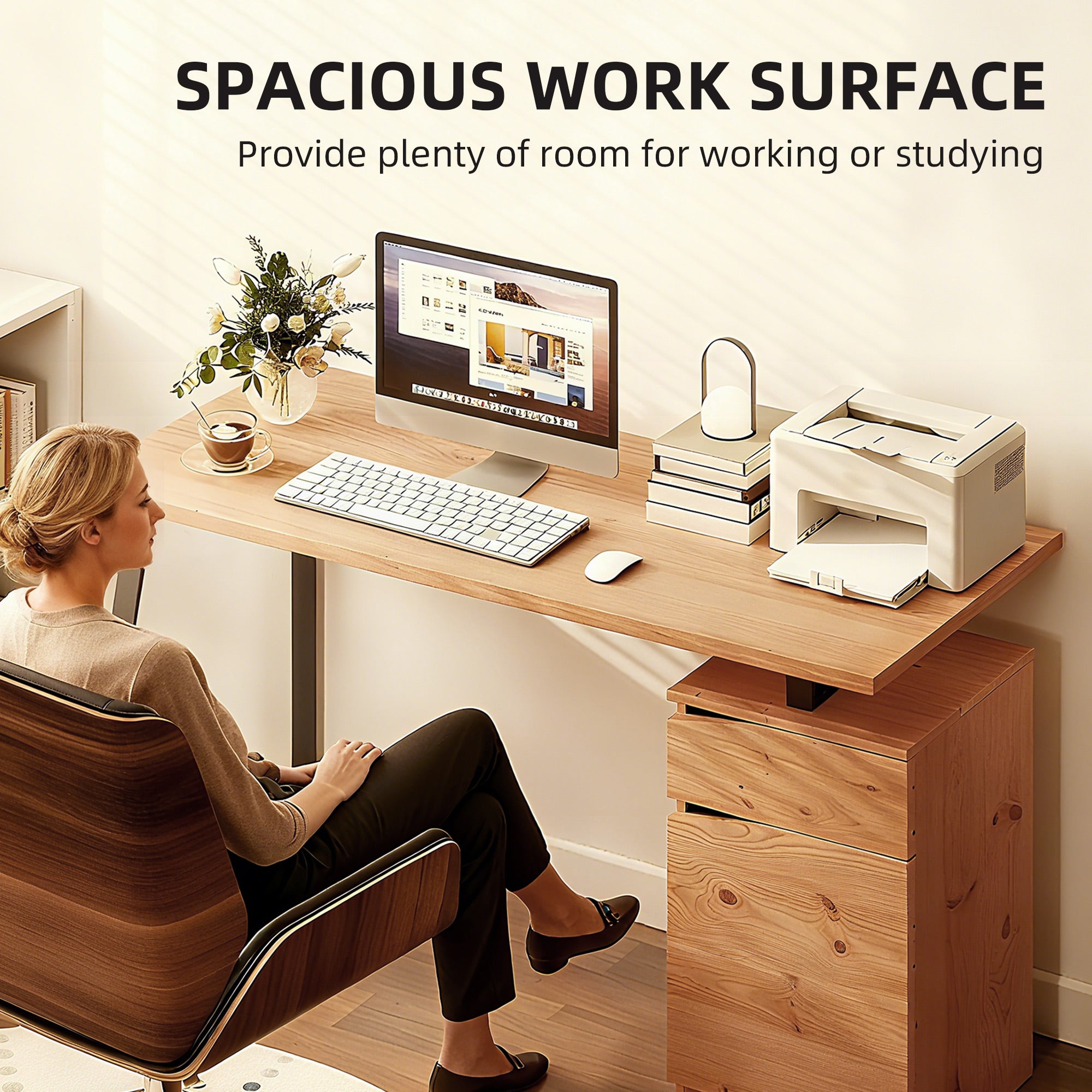 HOMCOM Computer Desk, Writing Desk with Cabinet, Drawer, Metal Legs, Work Table for Home Office Study, Natural Wood Finish 