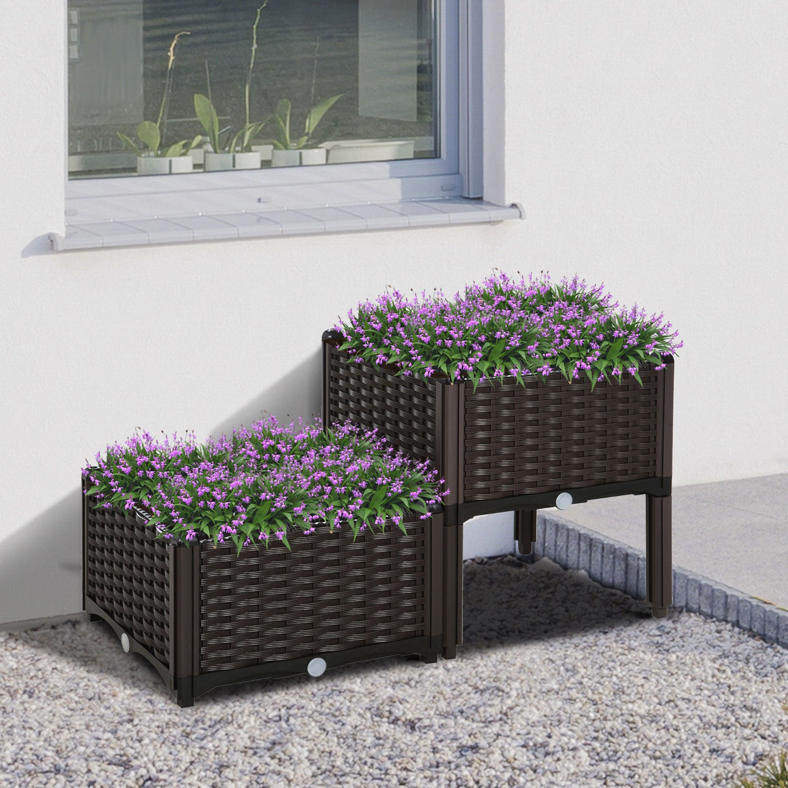 Outsunny Set of 2 26L Garden Raised Bed Elevated Patio Flower Plant Planter Box PP Vegetables Planting Container, Brown 