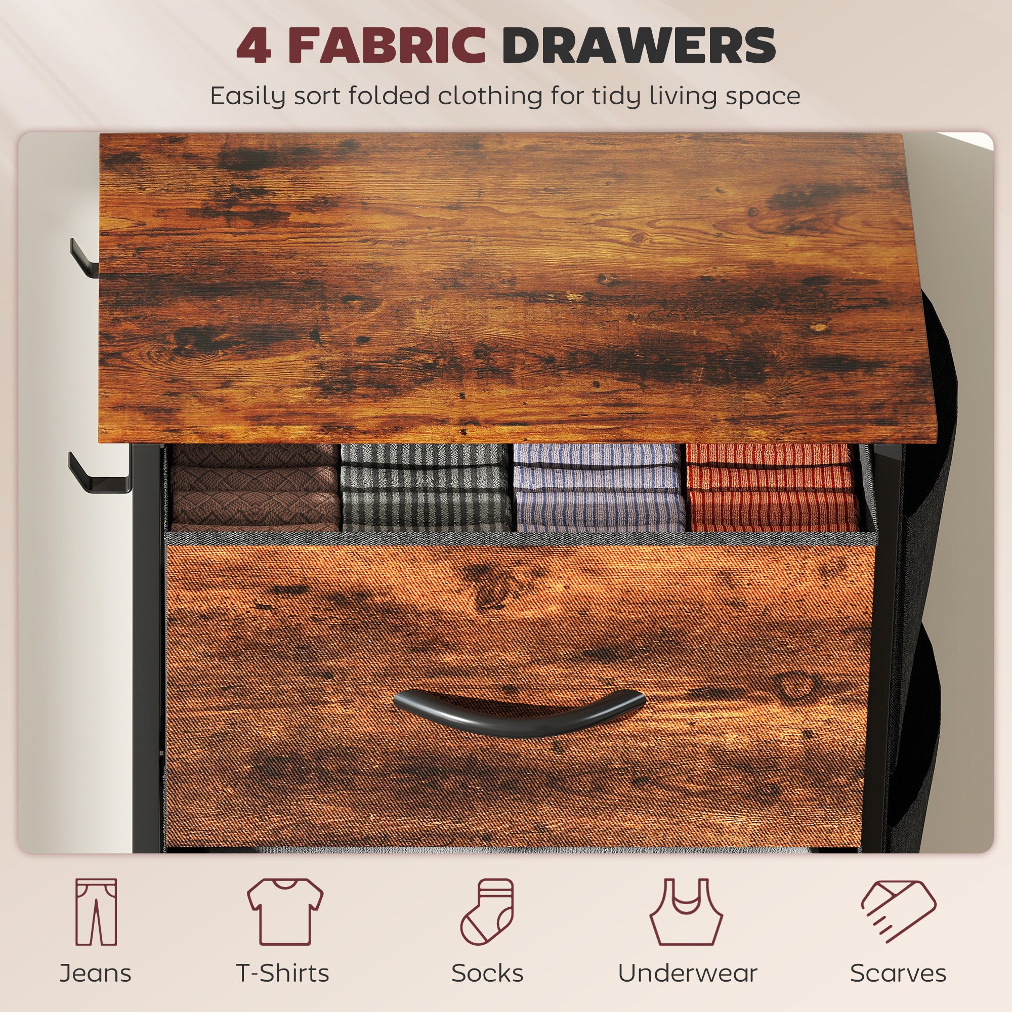 HOMCOM Chest of Four Fabric Drawers - Rustic Brown