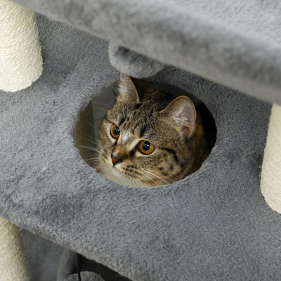 PawHut Cat Tree Tower, with Scratching Posts, Pad, Bed, Perch, Toy Ball - Light Grey 