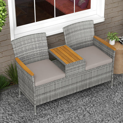 Outsunny Two-Seat Rattan Loveseat, with Wood-Top Middle Table - Grey 