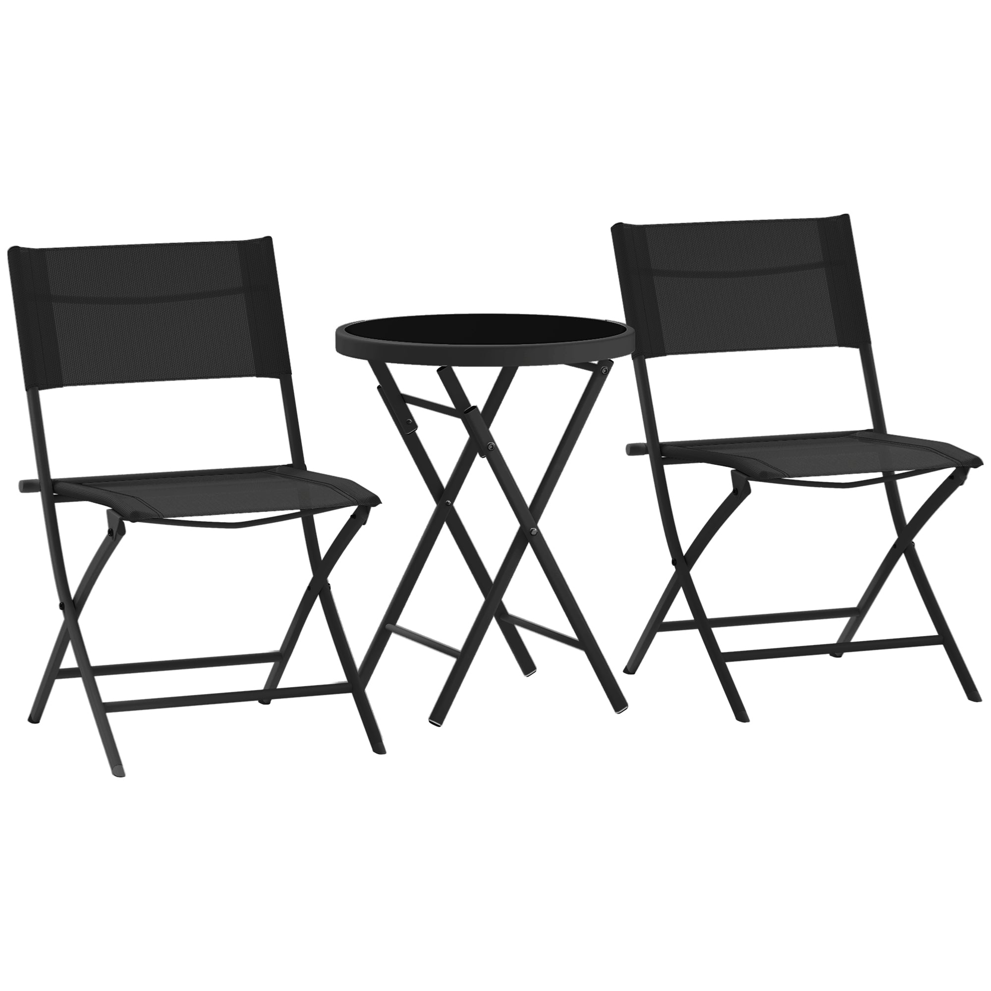 Outsunny 3 Pieces Outdoor Bistro Set, Glass Top Outdoor Table and 2 Folding Chairs with Protecting Feet, Black 