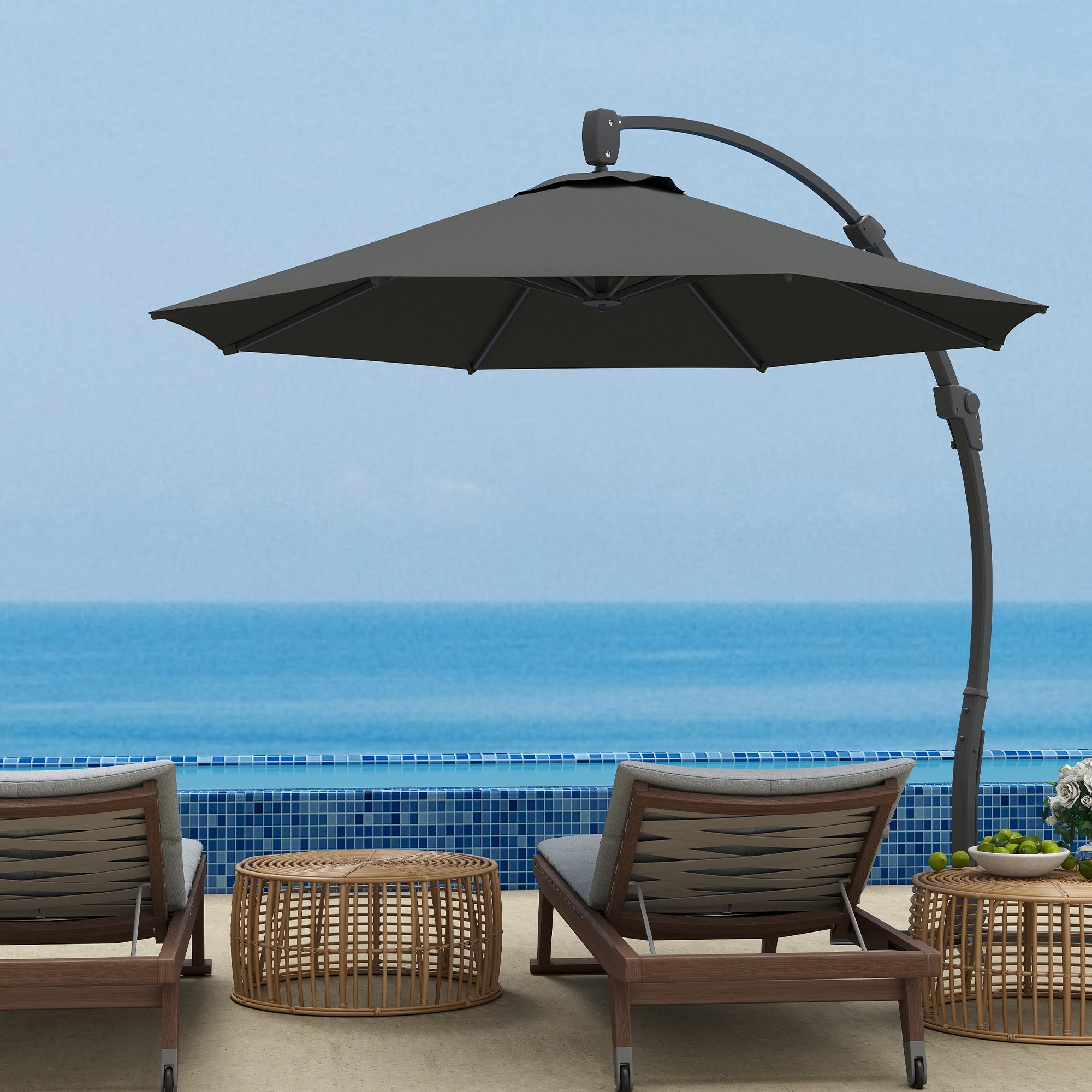 Outsunny 3(m) Garden Cantilever Parasol, Round Overhanging Umbrella with Crank Handle, Cross Base, Aluminium Frame and 360° Rotation, Banana Patio Umbrella for Outdoor Sun Shade, Grey 