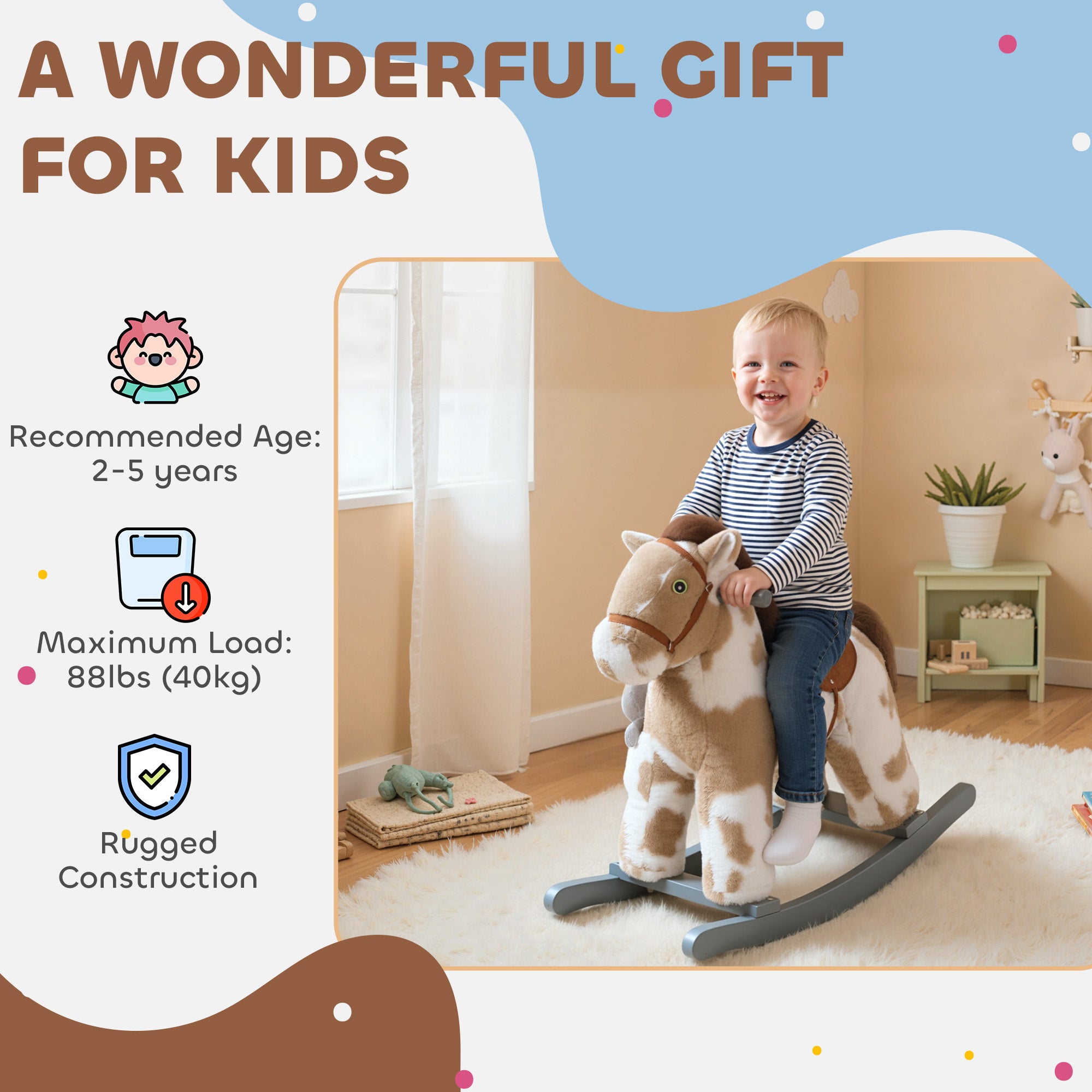 AIYAPLAY Baby Rocking Horse, Plush Animal Rocker with Realistic Sound and Toy, Rocking Toy Chair for Kids Aged 2-5, Brown 