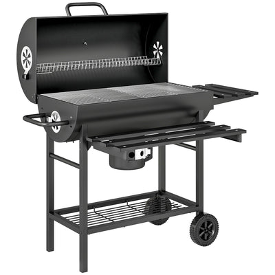 Outsunny Charcoal BBQ Grill with Foldable Front Side Shelf, Portable Barbecue Smoker with Warming Rack, Bottom Shelf, Lid, Temperature Gauge, Wheels for Outdoor Cooking Garden Party, Black 