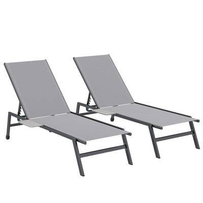 Outsunny Sun Loungers Set of 2 with Side Tray Table, Garden Recliners with 5-Position Adjustable Backrest, 2 Wheels, Grey 