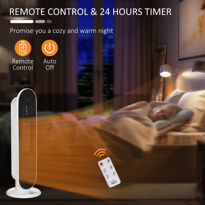 HOMCOM Ceramic Space Heater, Indoor Tower Heater with 2 Heat, Oscillation, Remote Control, Timer, Tip-Over & Overheating Protection, 1200W/2000W, White 